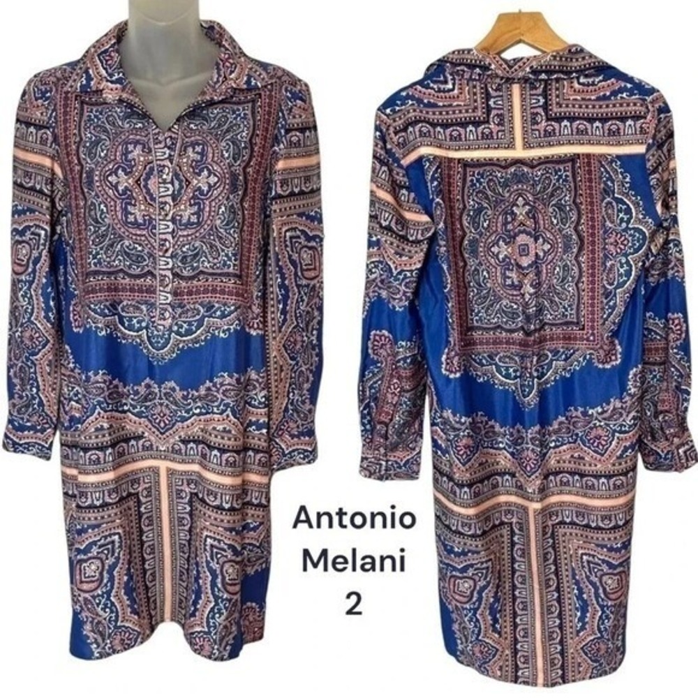 Antonio Melani Shirt Dress 2 Blue Paisley Medallion‎ Long Sleeve Boho Mini